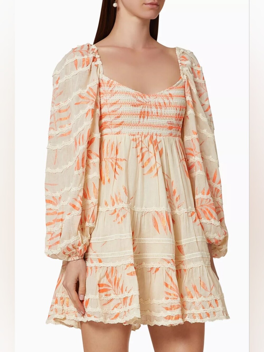 Hemant & Nandita Dream Smocked Short Dress, Size XS, Ballon Sleeves, Cream